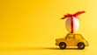 © New - Cute yellow toy car carrying oversized gift box with red ribbon, cheerful celebration theme, vibrant yellow background, minimalist composition, festive commercial photography.