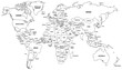 © Graphixa - Detailed black and white world map illustration featuring clearly labeled international country borders and names for educational geography purposes presented as a simple line art