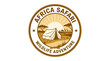 © selendang - African safari camping emblem with tent and acacia trees.