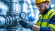 © Laura - Industrial refrigeration technician checking an ammonia valve assembly in a cold storage facility, gauge and pipe detail visible, defocused cold storage interior in background,