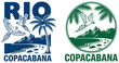 © Emma Reese - Two distinct graphic emblems featuring parrots flying over Copacabana beach with palm trees and mountains in a stylized illustrative design rio brazil macaw tropical travel