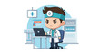 © feloz - Chibi male doctor wearing a white coat and head mirror, working on a laptop at a desk in a medical clinic office with an emergency alert display and medical equipment icons.