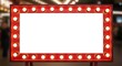 © NurJahan - Rectangular marquee sign with a red frame and glowing round light bulbs, featuring a blank white center for custom text or