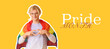 © Pixel-Shot - Young man with LGBT flag making heart gesture on yellow background