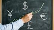 © vector hunt - Person drawing an upward financial growth chart with global currency symbols on a dark chalkboard representing international economic success and market investment strategy