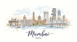 © ERIK - Vibrant watercolor illustration of Mumbai's iconic skyline blending historic landmarks with modern skyscrapers in India