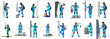 © Noah - Collection of flat vector illustrations of skydivers and paratroopers in blue jumpsuits performing various pre-flight preparation and safety procedures.