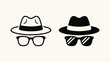 © Anukul Debnath - Incognito mode icons featuring minimalist detective hat and spectacles symbols set on plain background in flat vector style.