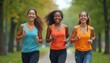 © Viktor - Three women run together on park path. Friends enjoy outdoor jogging in fitness clothing. Fit female group trains for race, smiling, active lifestyle.