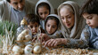 © Tania - Iranian family gathered around a Haft-Seen table arranged with sprouted wheat and decorated eggs, a grandmother pointing to each symbolic item while young children lean in close with wide eyes, the