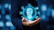 © hanif - Futuristic Human Head Hologram with Digital Icons in Hand.