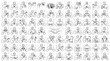 © hum lab - Minimalist line art people icons set, collection of 84 human character avatars in thin stroke style, diverse people gestures and activities vector
