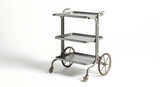 Vintage industrial metal utility cart with three shelves and wheels isolated on white background