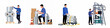 © Rizki - Set of warehouse workers in batik uniforms performing various logistics tasks like scanning, labeling, transporting, and organizing stock on white background.