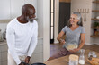 © wavebreak3 - Couple smiling, cooking at kitchen island, man holding frying pan, woman whisking in mixing bowl