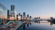 © Rendara Studio - Modern waterfront skyline with digital network overlay at calm blue hour