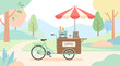 © Filipe - Coffee cart bicycle in park setting, outdoor cafe, vector illustration