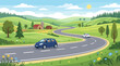 © Betrand - Cartoon landscape with cars driving on a winding road