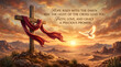 © designerjahanara - Silhouette of warrior holding sword at sunset with motivational quote on mountain landscape