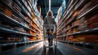 © vectorizer88 - Woman pushing shopping cart walking down aisle in large warehouse store