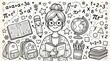 © Pro Team - Young school student girl reading book with math geometry science doodles background education knowledge geometry academic learning classroom backpack illustration