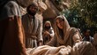 © Hovhannes - Faithful Followers Wrapping Jesus in White Burial Cloth Near the Garden Tomb While Women Watch Nearby Beneath Trees Beside the Stone Sepulcher