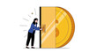 © Fatma - Businesswoman opening a golden door shaped like a coin, symbolizing financial opportunity and wealth.