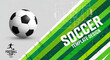 © MIZANUR - Soccer template design banner with realistic ball and green diagonal stripes football template background competition tournament championship abstract athletic promotion
