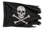 Tattered black pirate flag with skull and crossbones, weathered and worn