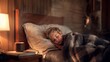 © Bonsales - Young boy resting in a cozy bedroom. He is sleeping deeply, covered by a blanket, with a bedside lamp providing warm light