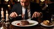© niko - Man in Suit Eating Steak at Luxury Dinner.