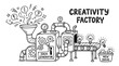 © Ron Sun - Hand drawn black and white illustration of a whimsical creativity factory machine producing glowing light bulb ideas on a conveyor belt with expressive speech bubbles floating above the metal funnel