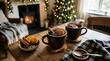 © Sabrina - Cozy winter scene featuring two cups of mulled wine and spices by a fireplace and Christmas tree
