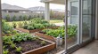 © Febcherl Studio - Lush Backyard Vegetable Garden with Raised Wooden Planter Beds Viewed Through a Modern Sliding Glass Door