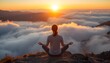 © ezar aldo - Serene Young Woman Practicing Yoga Meditation on a High Mountain Peak Above a Sea of Clouds at Golden Sunset