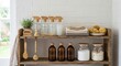 © Hoolity - Eco-friendly cleaning supplies and natural bath accessories arranged on a rustic wooden shelf against a white brick wall.