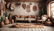 © Umair - Nomadic boho interior background with rustic decor, 3d render, created with generative ai