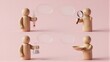 © joeycheung - Wooden figures hold tools, symbolizing communication and investigation against a soft pink background.