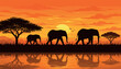 © Sadek - African Elephant Family Walking at Sunset in Savanna near Water, Silhouette Illustration of Wildlife Landscape with Acacia Trees and Orange Sky, Vector Art for Travel and Nature Safari