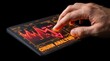 © rayzo - Hand Interacting with Digital Churn Analysis Display on Transparent Device.