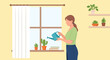 © prastowo - Woman watering houseplants on windowsill, natural light, cozy home interior