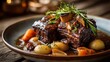 © Fajar - Close up of tender beef ribs in rich bourguignon sauce with soft lighting, showcasing texture, flavor, and classic French cuisine presentation.
