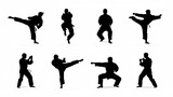 Set of black silhouettes showing martial arts practitioners in various fighting poses and kicks isolated on a plain white background set