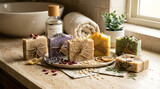 Assortment of artisanal handmade soaps with natural ingredients, beautifully presented with botanicals and essential oils.