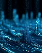 © rinrada - Futuristic AI finance automation landscape, glowing blue data blocks rising from flowing digital grid