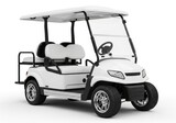 Clean white golf cart vehicle with four wheels and seating on a white background, ready for transport
