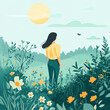 © AIPhoto - Spring rejuvenation woman flower meadow nature illustration sunrise serene flat illustration with copy space, calm landscape, blossom, leaf, plant