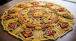 © Baskara - Arranjo artístico e colorido de diversos tipos de massa seca, formando um padrão circular decorativo sobre uma mesa de madeira.