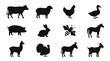 © Mst - Grid layout of various farm animal silhouettes featuring cow sheep chicken duck pig rabbit
