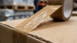 © TheShotSpot - Close-up of brown adhesive tape sealing a cardboard box in a warehouse, packaging and shipping concept